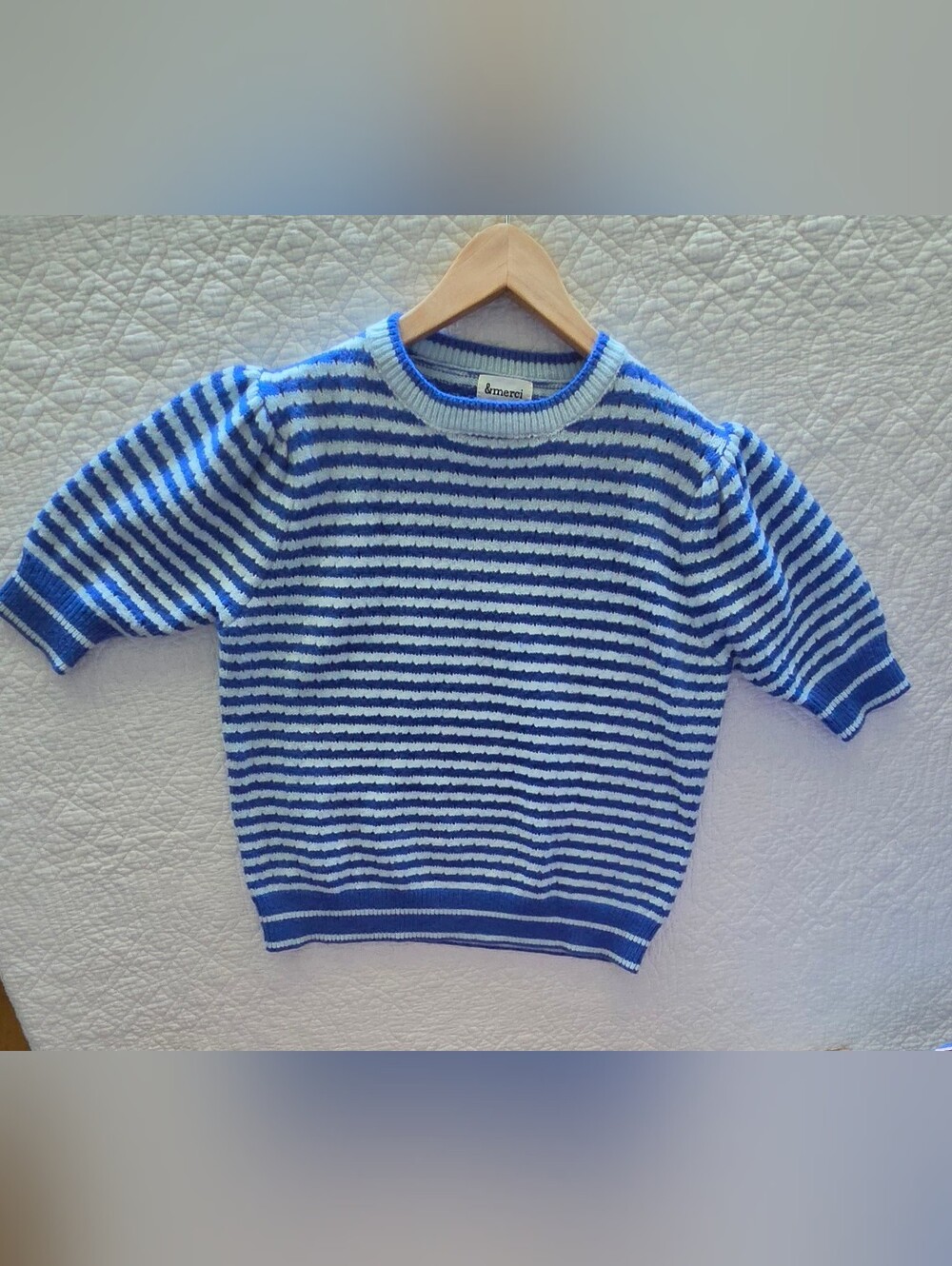 &Merci Coastal Blue Striped Puff Short Sleeve Knit Sweater
